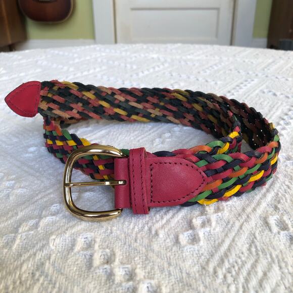 Y2K Rainbow Woven Leather Belt Gold Buckle Size M/L 39” Boho Festival - Picture 1 of 4